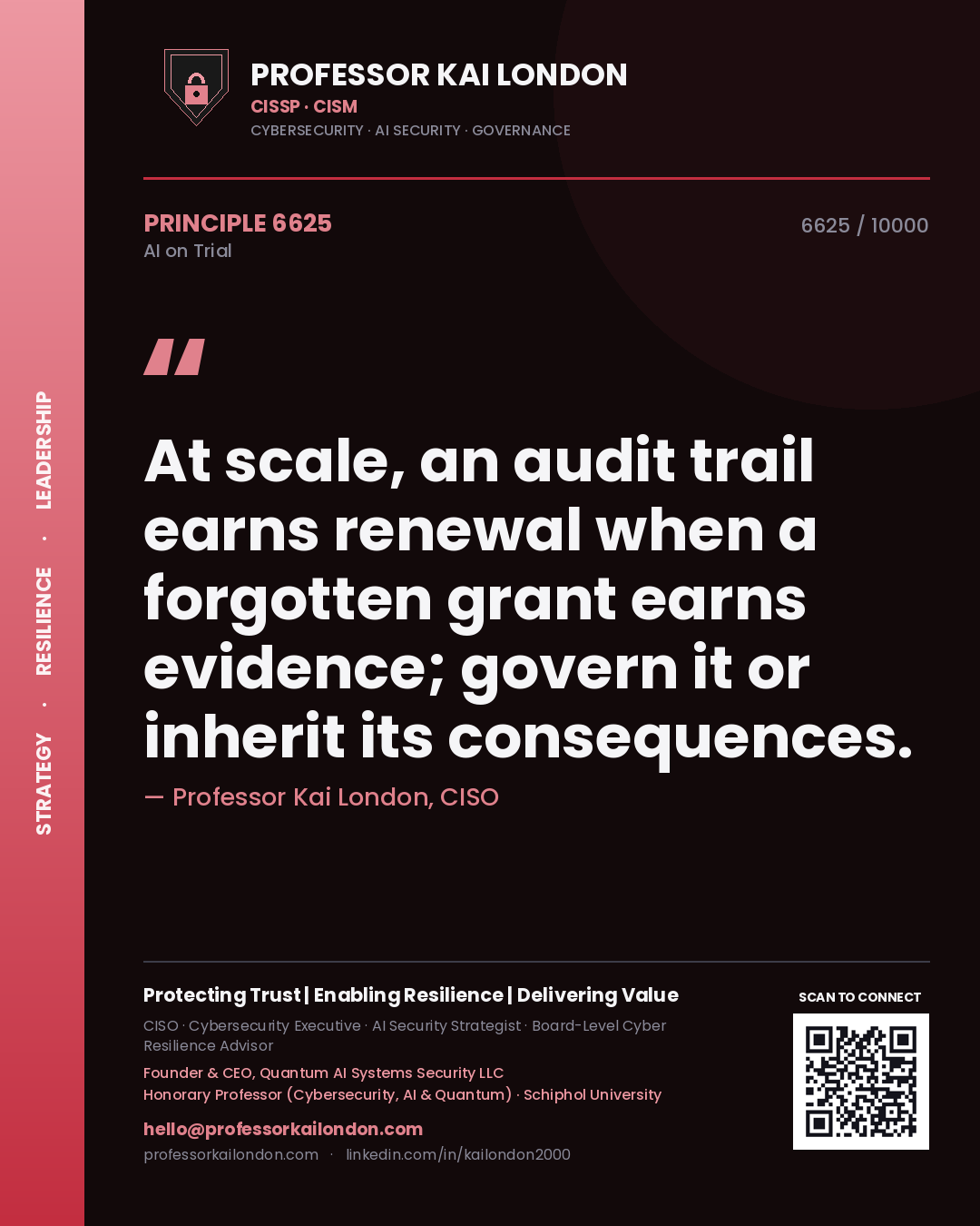 Quote card by Professor Kai London reading 'At scale, an audit trail earns renewal when a forgotten grant earns evidence; govern it or inherit its consequences.'. From the book AI on Trial.