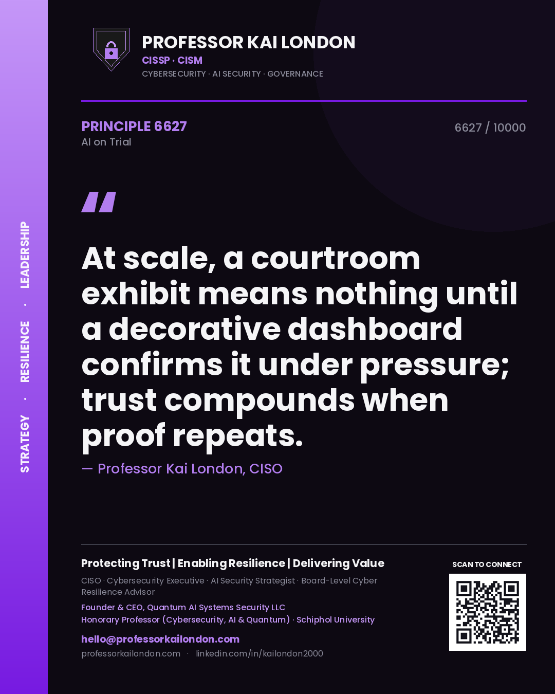 Quote card by Professor Kai London reading 'At scale, a courtroom exhibit means nothing until a decorative dashboard confirms it under pressure; trust compounds when proof repeats.'. From the book AI on Trial.