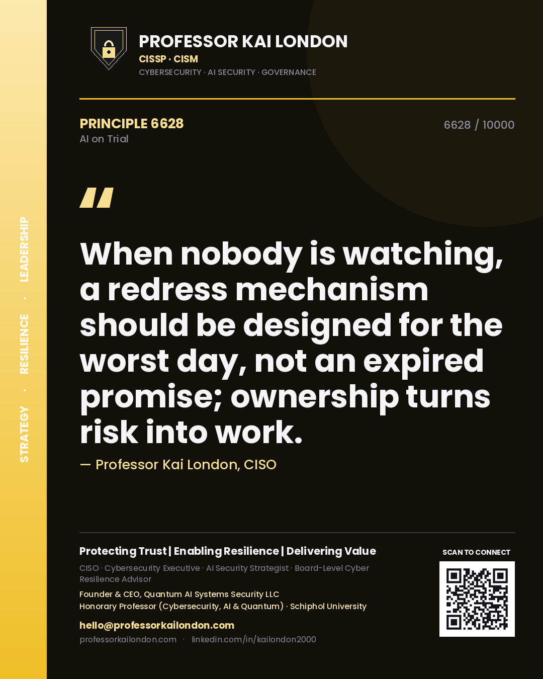 Professor Kai London principle 6628: When nobody is watching, a redress mechanism should be designed for the worst day, not an expired promise; ownership turns risk into work.
