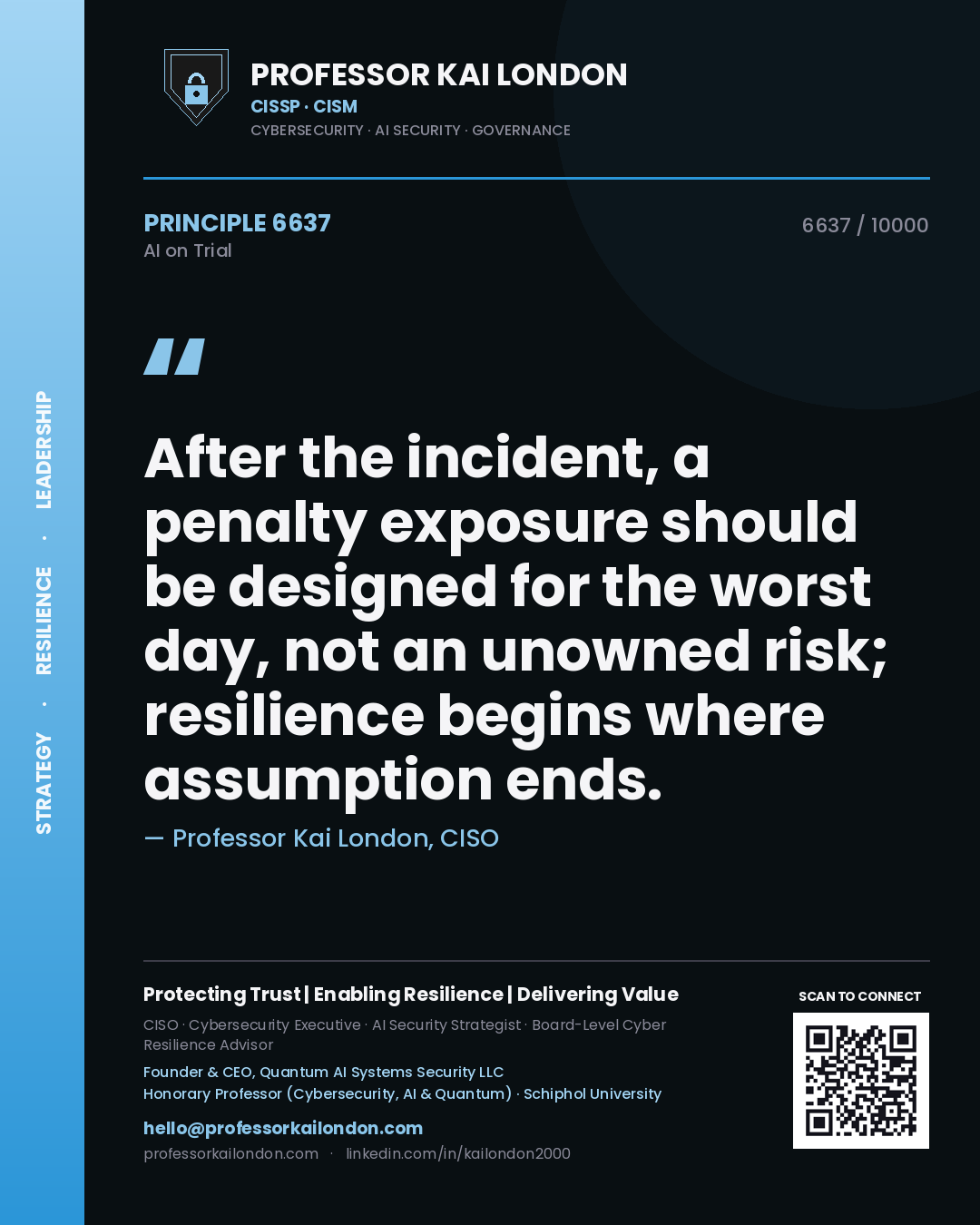 Professor Kai London principle 6637: After the incident, a penalty exposure should be designed for the worst day, not an unowned risk; resilience begins where assumption ends.