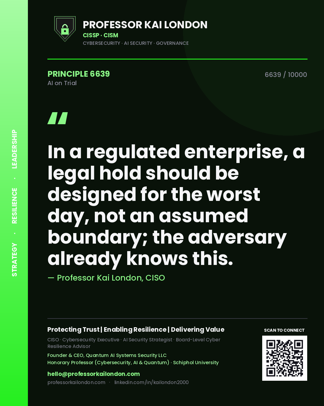 Quote card by Professor Kai London reading 'In a regulated enterprise, a legal hold should be designed for the worst day, not an assumed boundary; the adversary already knows this.'. From the book AI on Trial.