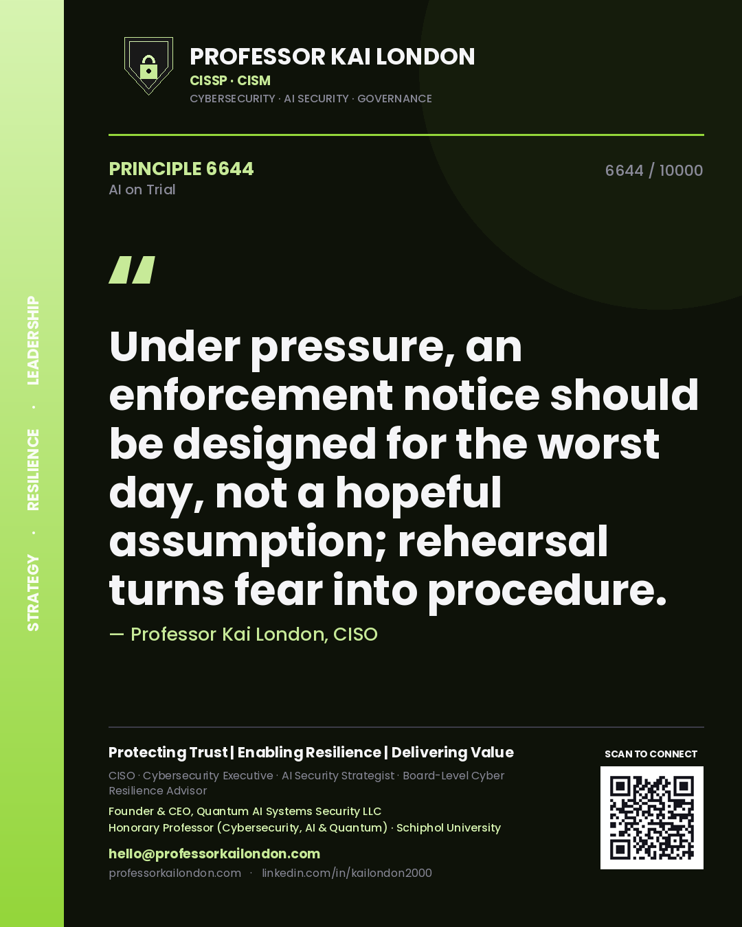 Professor Kai London principle 6644: Under pressure, an enforcement notice should be designed for the worst day, not a hopeful assumption; rehearsal turns fear into procedure.