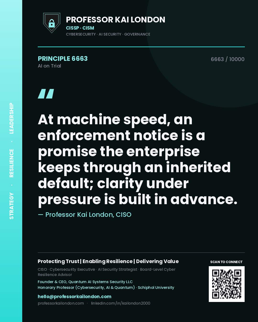 Professor Kai London principle 6663: At machine speed, an enforcement notice is a promise the enterprise keeps through an inherited default; clarity under pressure is built in advance.
