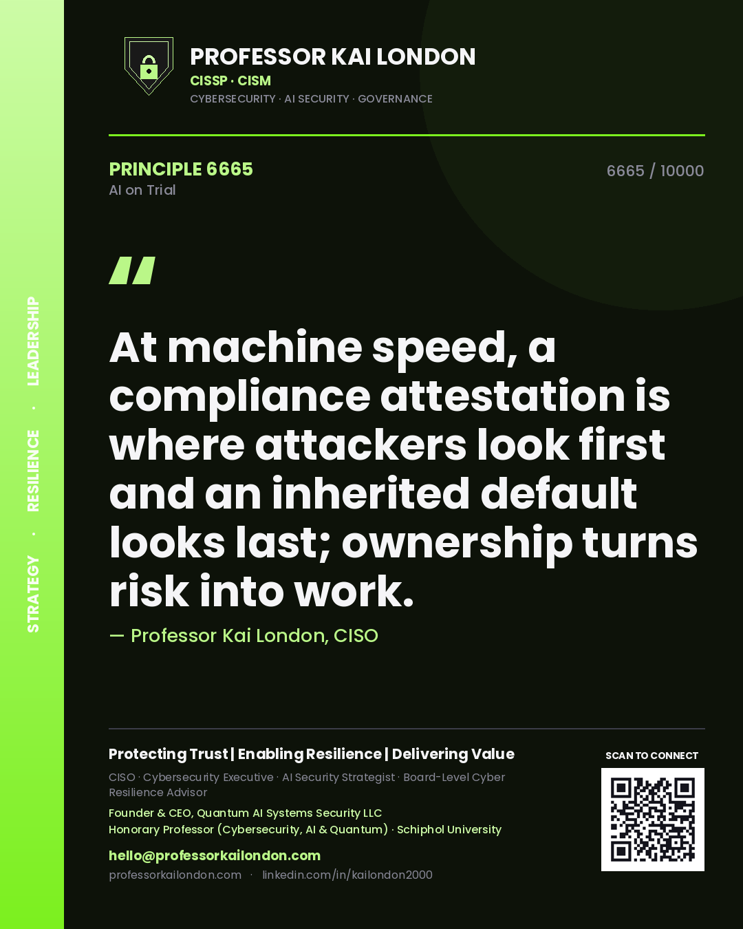 Quote card by Professor Kai London reading 'At machine speed, a compliance attestation is where attackers look first and an inherited default looks last; ownership turns risk into work.'. From the book AI on Trial.
