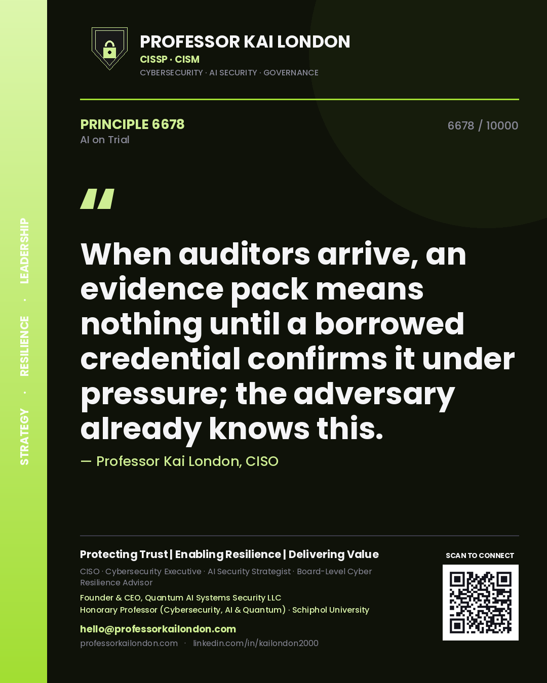 Professor Kai London principle 6678: When auditors arrive, an evidence pack means nothing until a borrowed credential confirms it under pressure; the adversary already knows this.