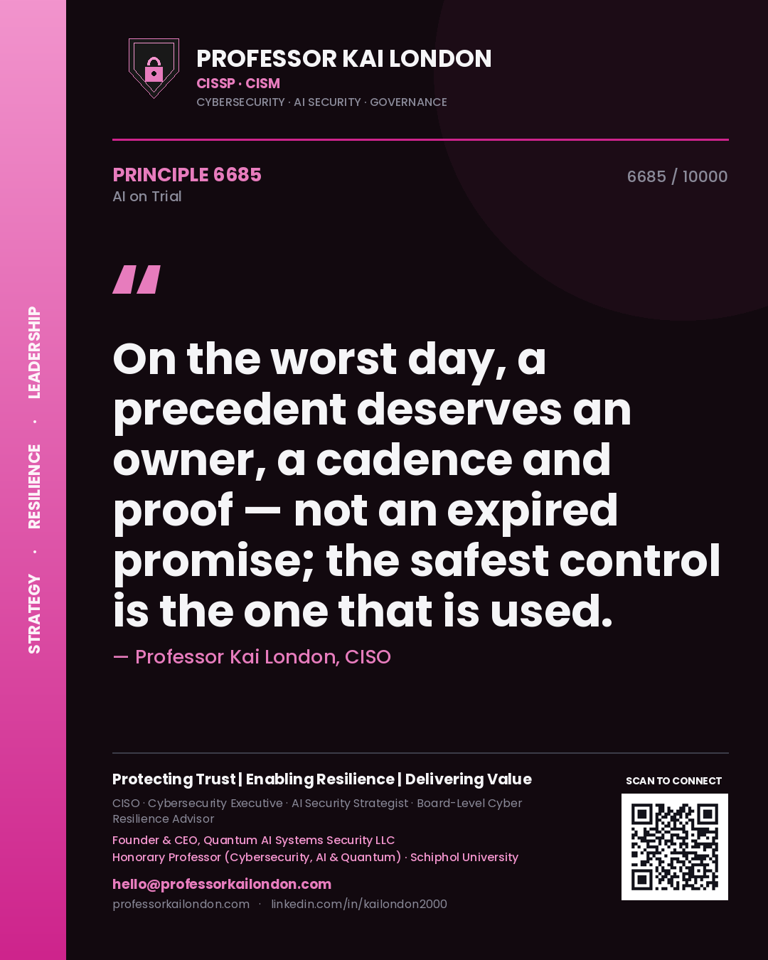 Professor Kai London principle 6685: On the worst day, a precedent deserves an owner, a cadence and proof — not an expired promise; the safest control is the one that is used.