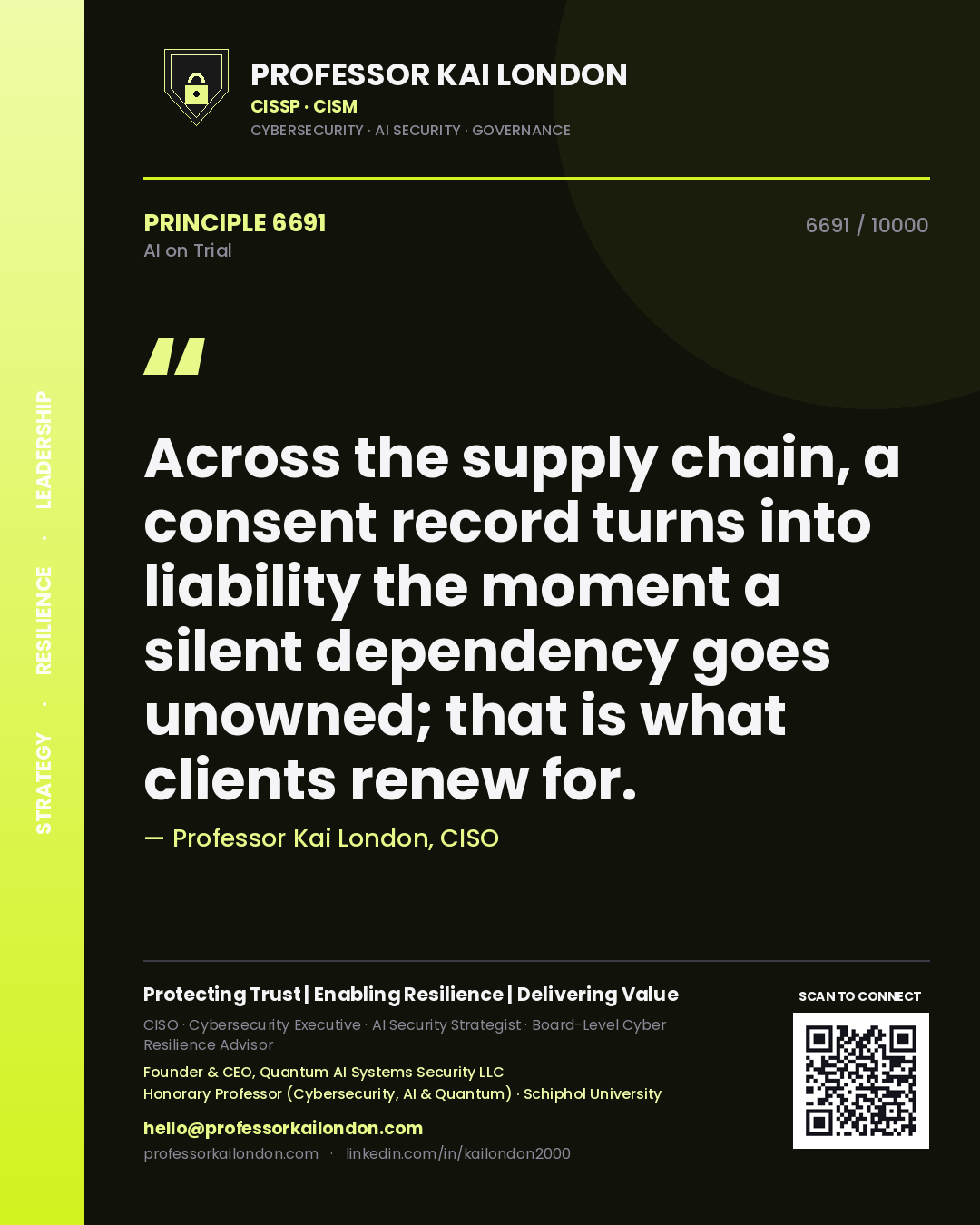 Quote card by Professor Kai London reading 'Across the supply chain, a consent record turns into liability the moment a silent dependency goes unowned; that is what clients renew for.'. From the book AI on Trial.