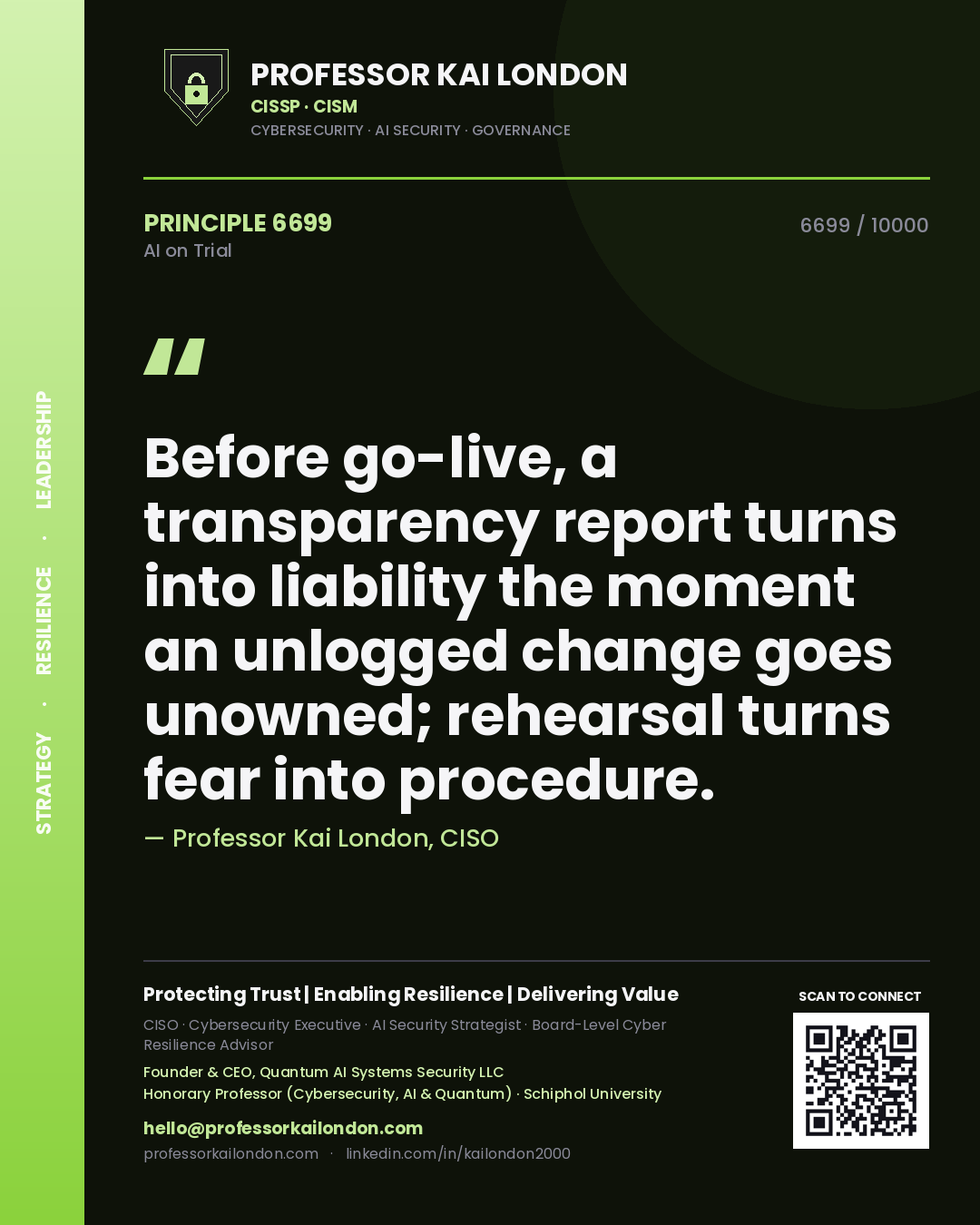 Quote card by Professor Kai London reading 'Before go-live, a transparency report turns into liability the moment an unlogged change goes unowned; rehearsal turns fear into procedure.'. From the book AI on Trial.