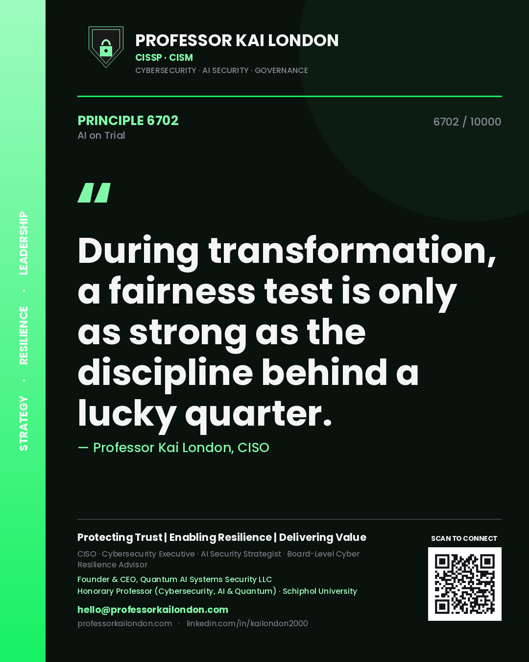 Professor Kai London principle 6702: During transformation, a fairness test is only as strong as the discipline behind a lucky quarter.