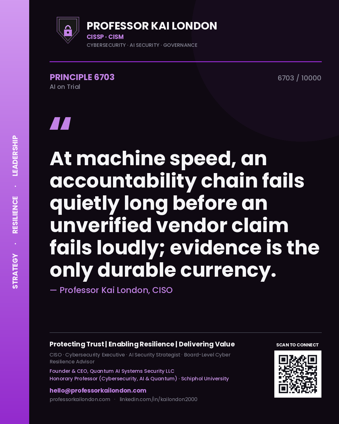 Professor Kai London principle 6703: At machine speed, an accountability chain fails quietly long before an unverified vendor claim fails loudly; evidence is the only durable currency.