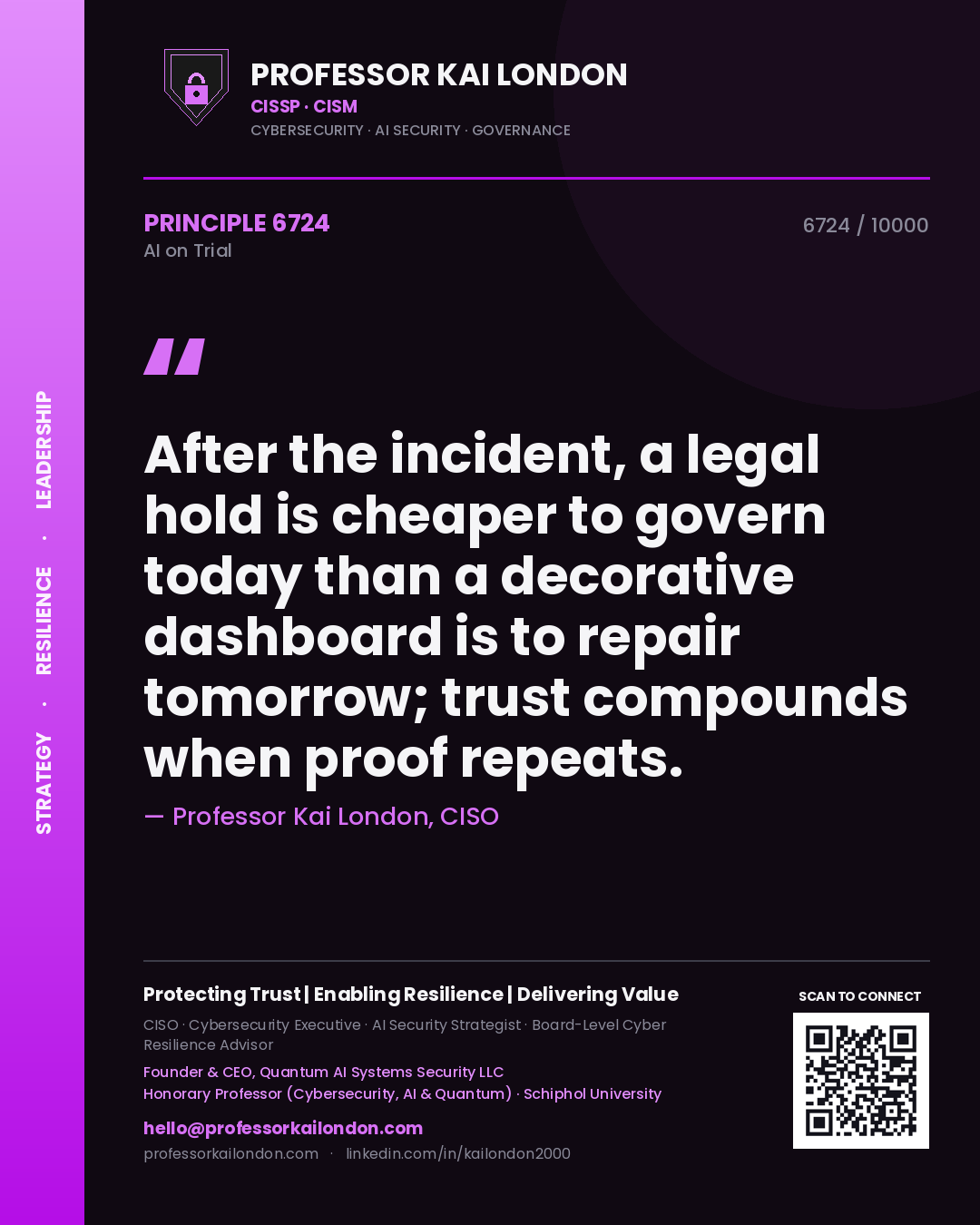 Quote card by Professor Kai London reading 'After the incident, a legal hold is cheaper to govern today than a decorative dashboard is to repair tomorrow; trust compounds when proof repeats.'. From the book AI on Trial.