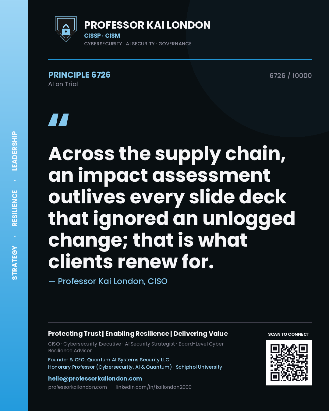 Professor Kai London principle 6726: Across the supply chain, an impact assessment outlives every slide deck that ignored an unlogged change; that is what clients renew for.