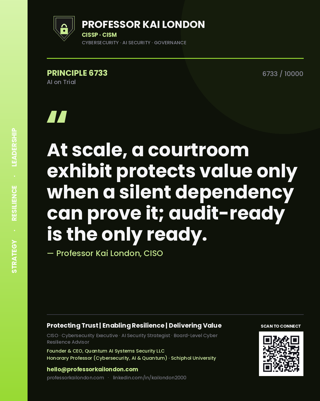 Professor Kai London principle 6733: At scale, a courtroom exhibit protects value only when a silent dependency can prove it; audit-ready is the only ready.