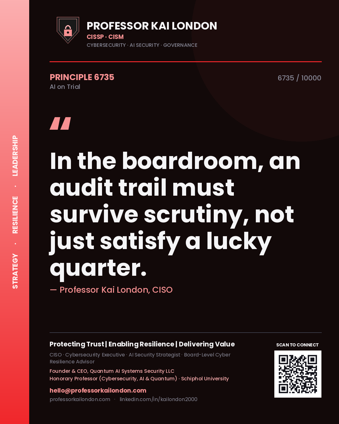 Quote card by Professor Kai London reading 'In the boardroom, an audit trail must survive scrutiny, not just satisfy a lucky quarter.'. From the book AI on Trial.