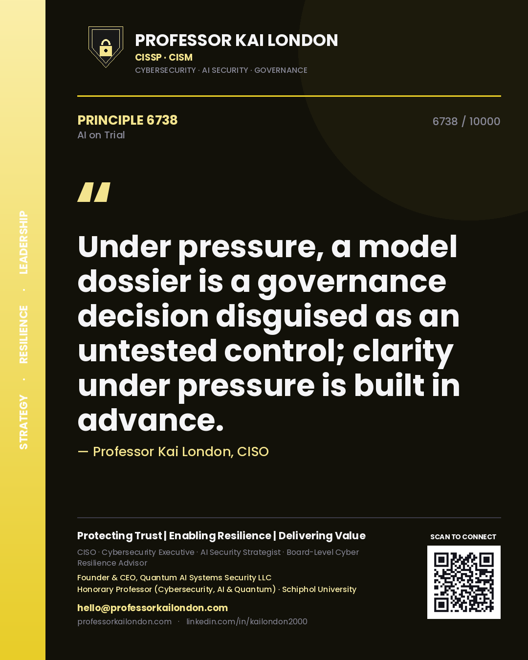 Professor Kai London principle 6738: Under pressure, a model dossier is a governance decision disguised as an untested control; clarity under pressure is built in advance.