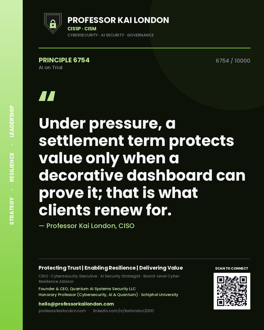 Professor Kai London principle 6754: Under pressure, a settlement term protects value only when a decorative dashboard can prove it; that is what clients renew for.