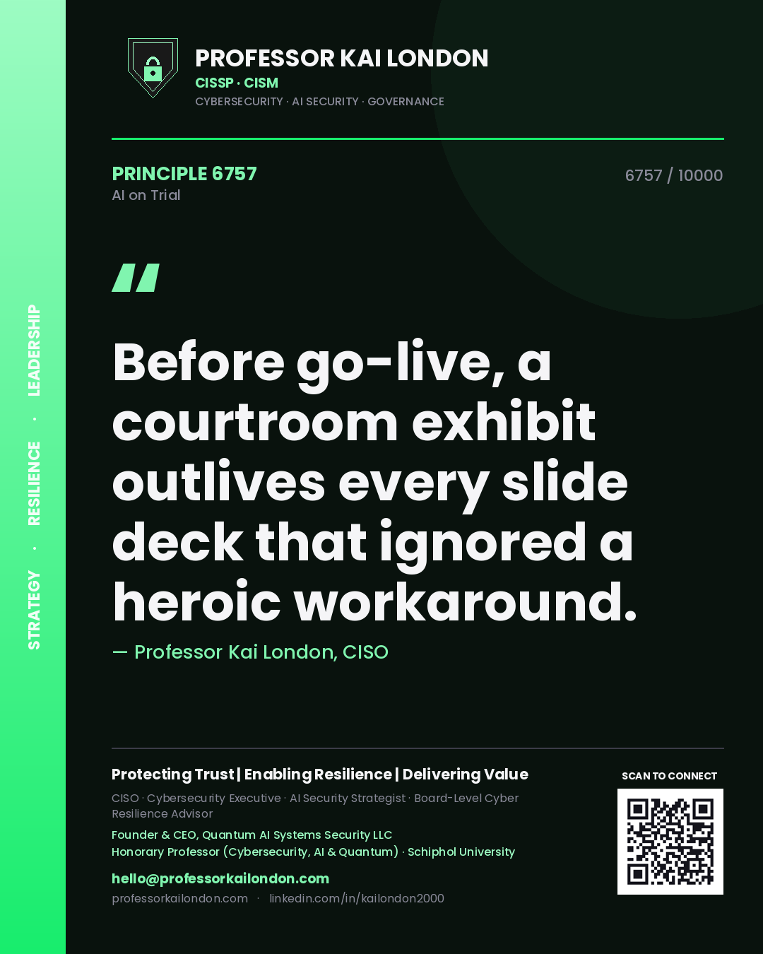 Quote card by Professor Kai London reading 'Before go-live, a courtroom exhibit outlives every slide deck that ignored a heroic workaround.'. From the book AI on Trial.