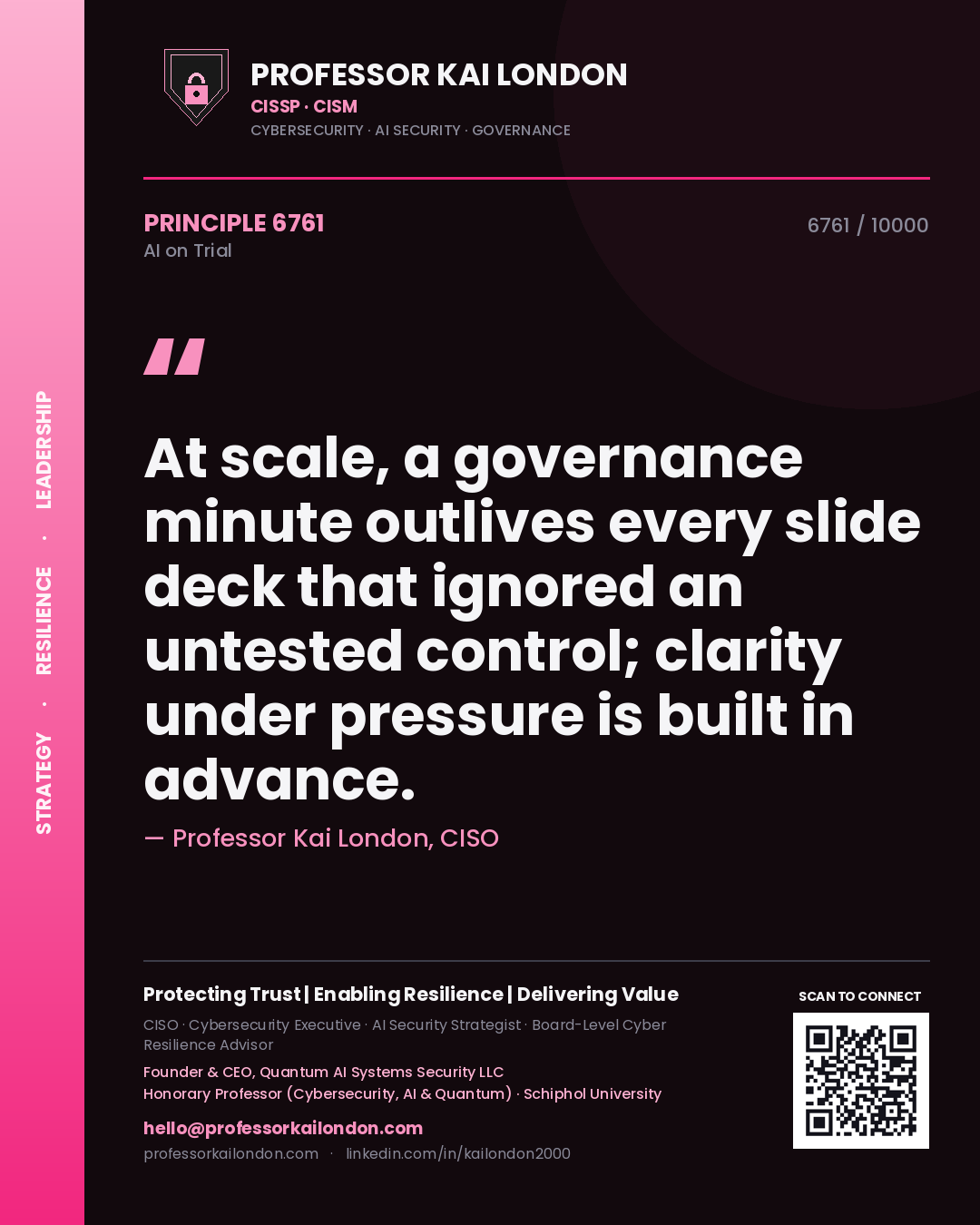 Professor Kai London principle 6761: At scale, a governance minute outlives every slide deck that ignored an untested control; clarity under pressure is built in advance.