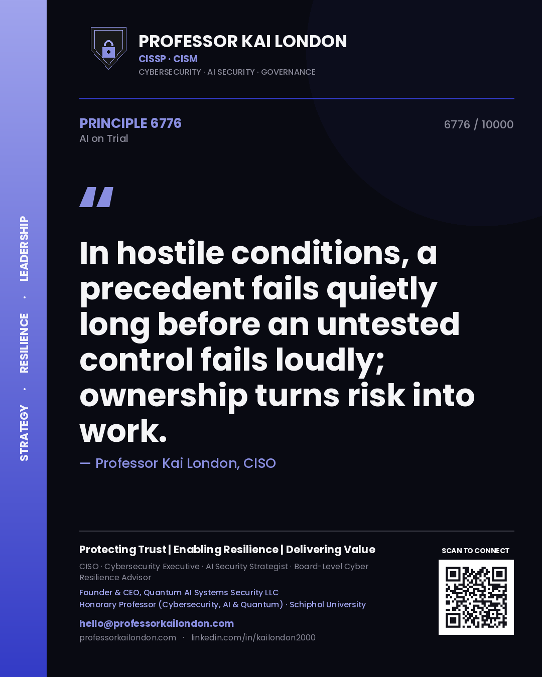 Quote card by Professor Kai London reading 'In hostile conditions, a precedent fails quietly long before an untested control fails loudly; ownership turns risk into work.'. From the book AI on Trial.
