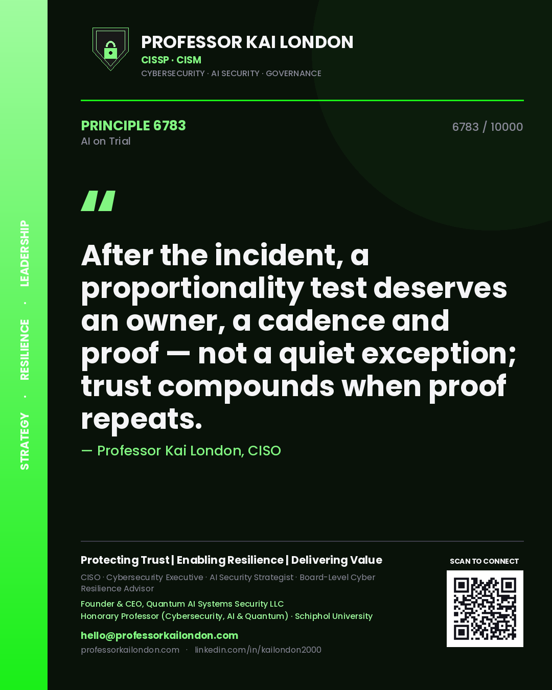 Professor Kai London principle 6783: After the incident, a proportionality test deserves an owner, a cadence and proof — not a quiet exception; trust compounds when proof repeats.