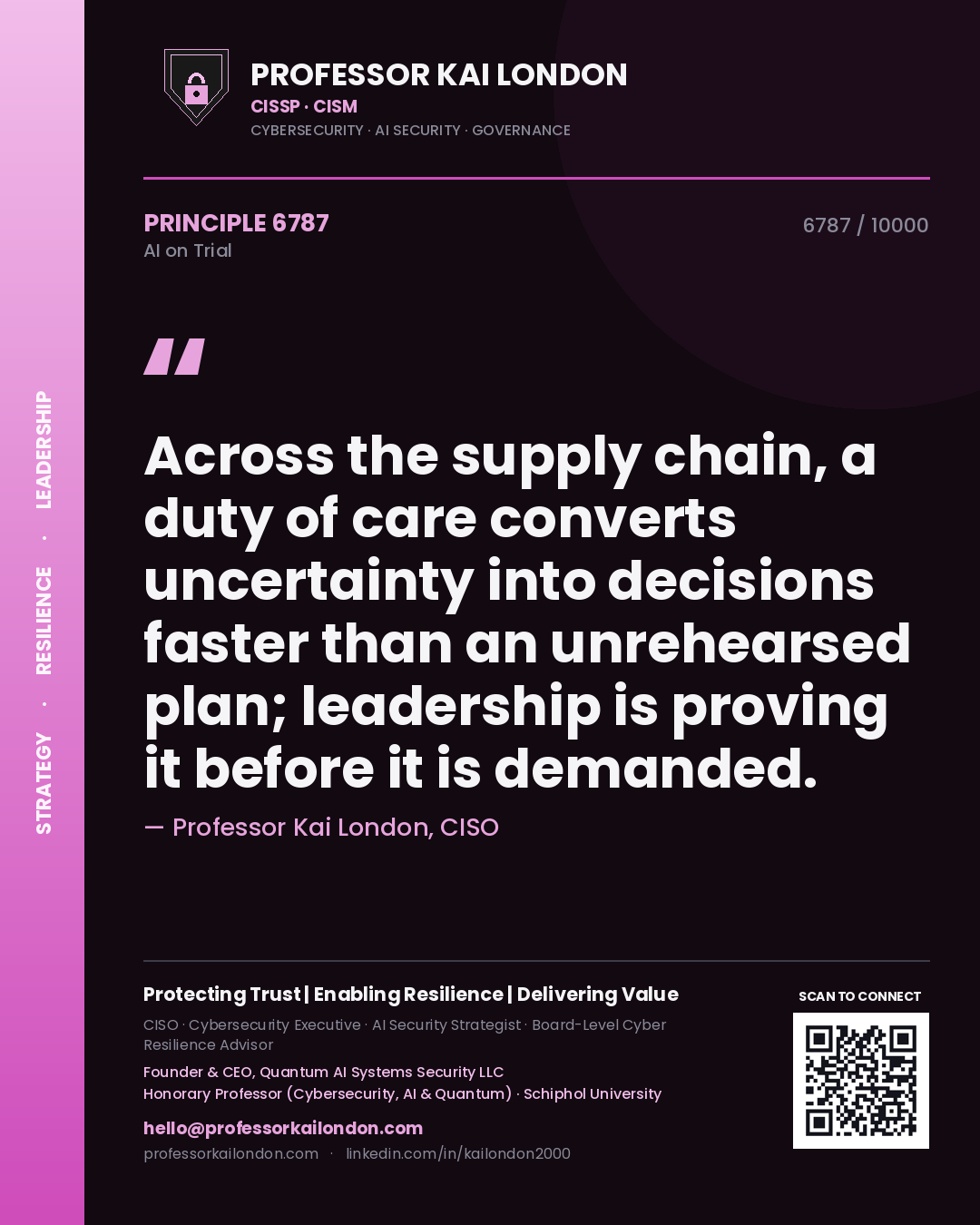 Quote card by Professor Kai London reading 'Across the supply chain, a duty of care converts uncertainty into decisions faster than an unrehearsed plan; leadership is proving it before it is demanded.'. From the book AI on Trial.