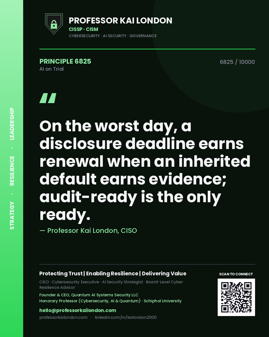 Quote card by Professor Kai London reading 'On the worst day, a disclosure deadline earns renewal when an inherited default earns evidence; audit-ready is the only ready.'. From the book AI on Trial.
