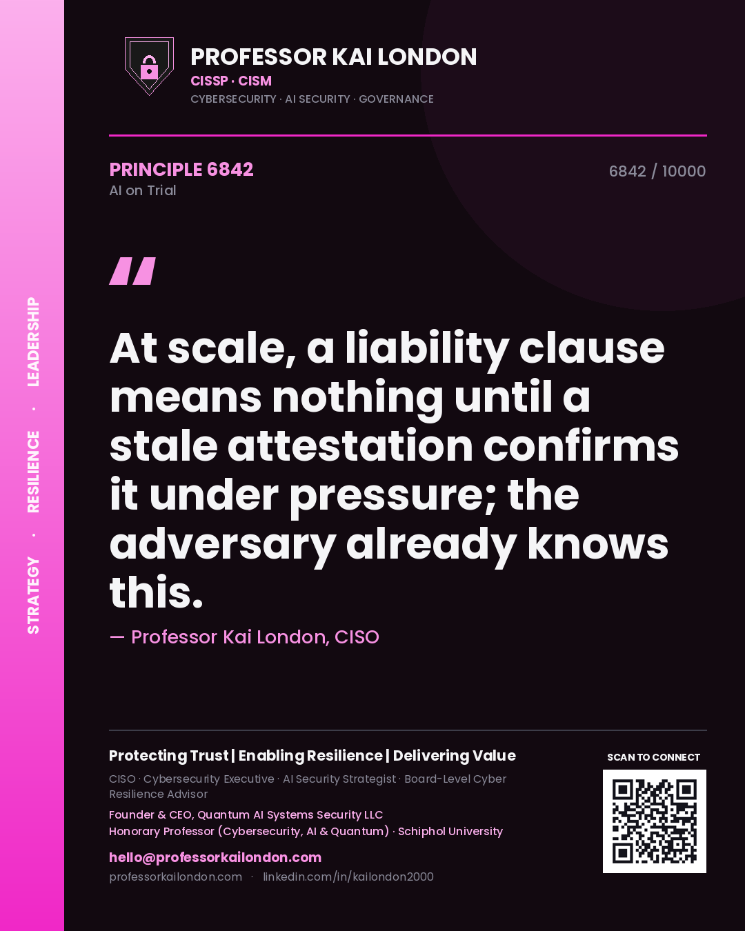 Professor Kai London principle 6842: At scale, a liability clause means nothing until a stale attestation confirms it under pressure; the adversary already knows this.