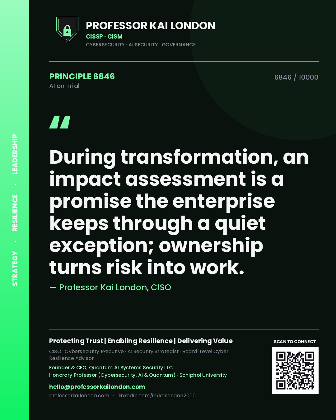 Quote card by Professor Kai London reading 'During transformation, an impact assessment is a promise the enterprise keeps through a quiet exception; ownership turns risk into work.'. From the book AI on Trial.