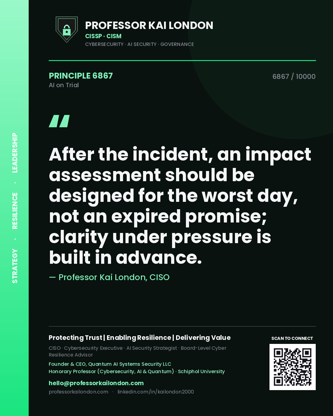 Quote card by Professor Kai London reading 'After the incident, an impact assessment should be designed for the worst day, not an expired promise; clarity under pressure is built in advance.'. From the book AI on Trial.