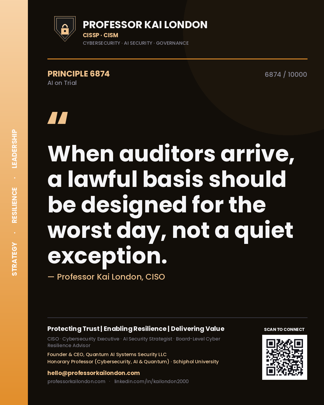 Quote card by Professor Kai London reading 'When auditors arrive, a lawful basis should be designed for the worst day, not a quiet exception.'. From the book AI on Trial.