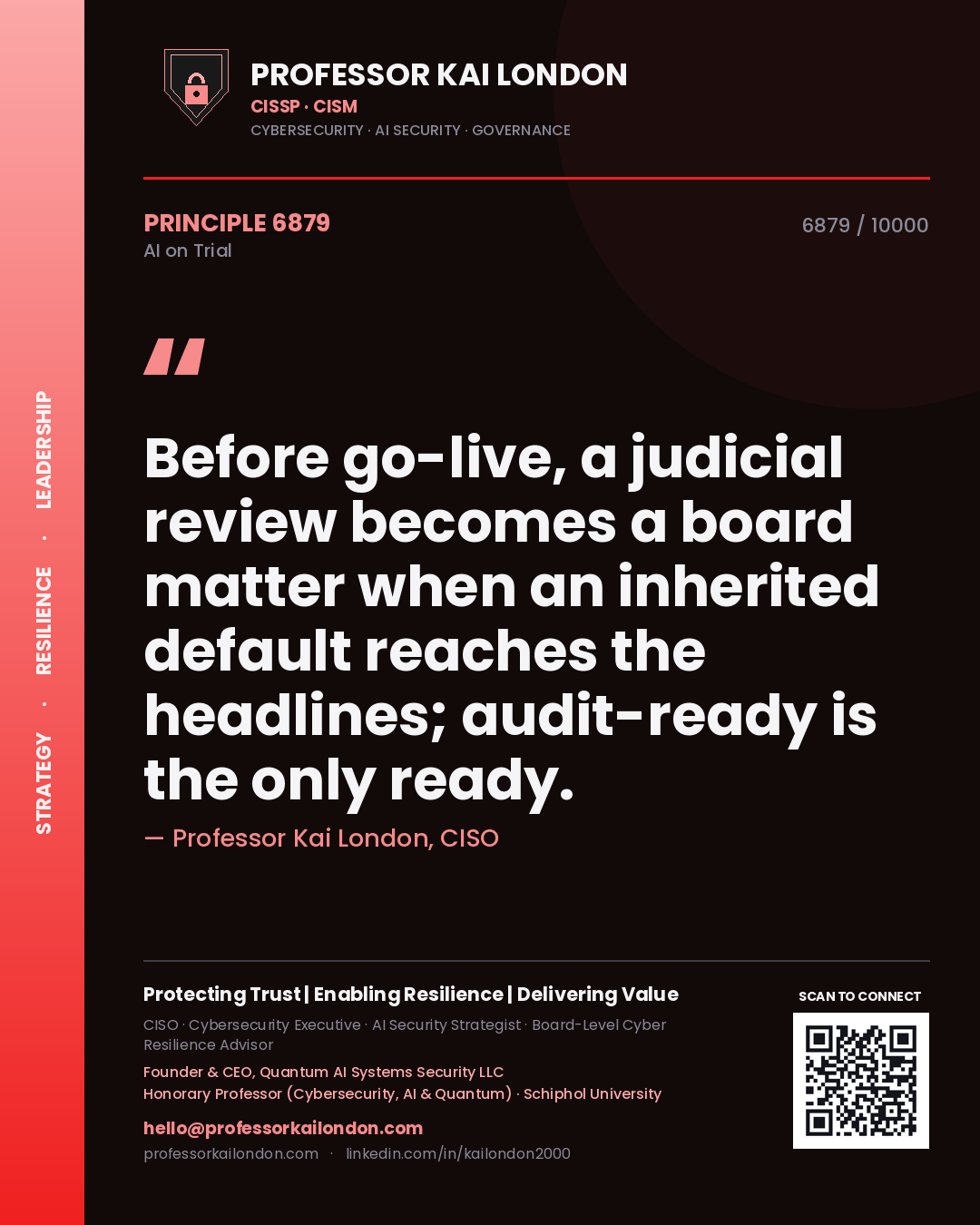 Quote card by Professor Kai London reading 'Before go-live, a judicial review becomes a board matter when an inherited default reaches the headlines; audit-ready is the only ready.'. From the book AI on Trial.
