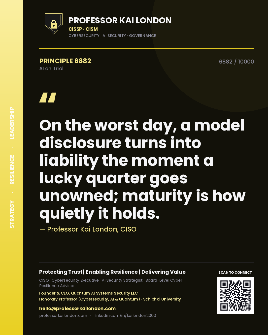 Quote card by Professor Kai London reading 'On the worst day, a model disclosure turns into liability the moment a lucky quarter goes unowned; maturity is how quietly it holds.'. From the book AI on Trial.
