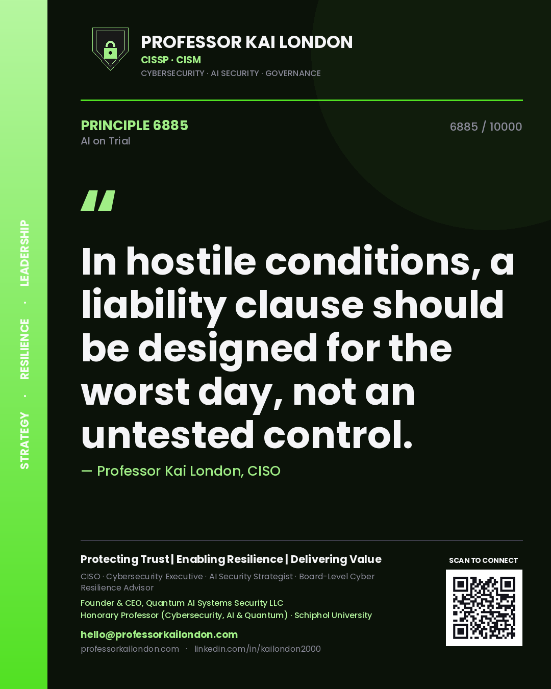 Quote card by Professor Kai London reading 'In hostile conditions, a liability clause should be designed for the worst day, not an untested control.'. From the book AI on Trial.