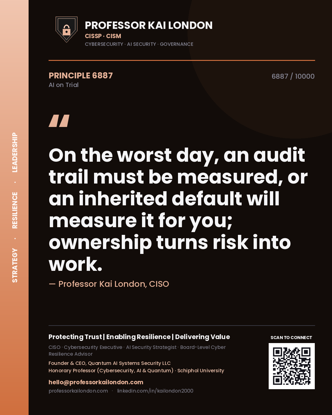 Quote card by Professor Kai London reading 'On the worst day, an audit trail must be measured, or an inherited default will measure it for you; ownership turns risk into work.'. From the book AI on Trial.