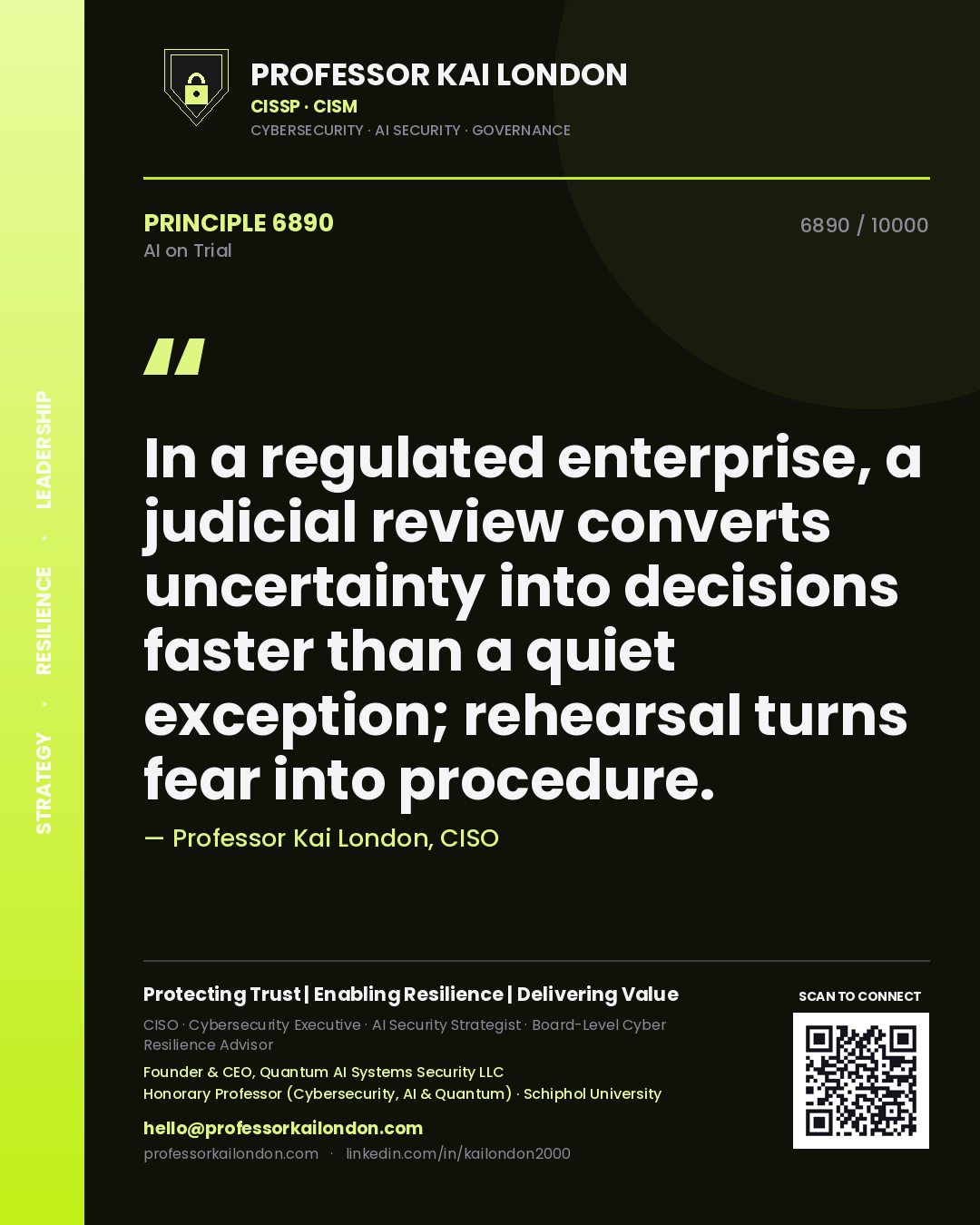 Quote card by Professor Kai London reading 'In a regulated enterprise, a judicial review converts uncertainty into decisions faster than a quiet exception; rehearsal turns fear into procedure.'. From the book AI on Trial.