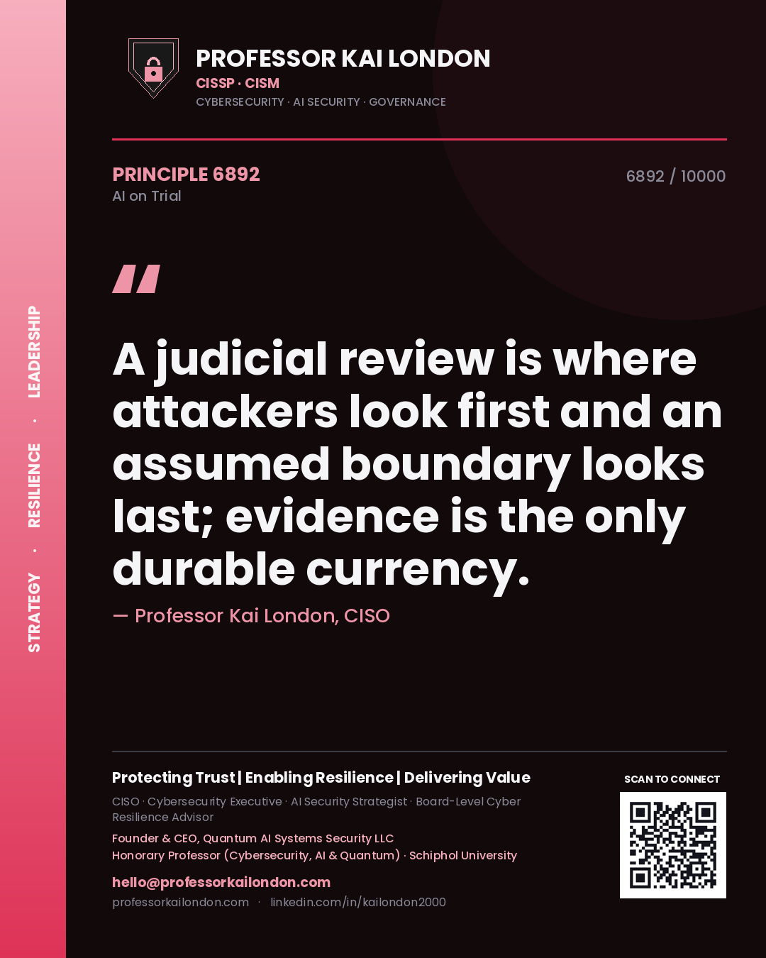 Quote card by Professor Kai London reading 'A judicial review is where attackers look first and an assumed boundary looks last; evidence is the only durable currency.'. From the book AI on Trial.
