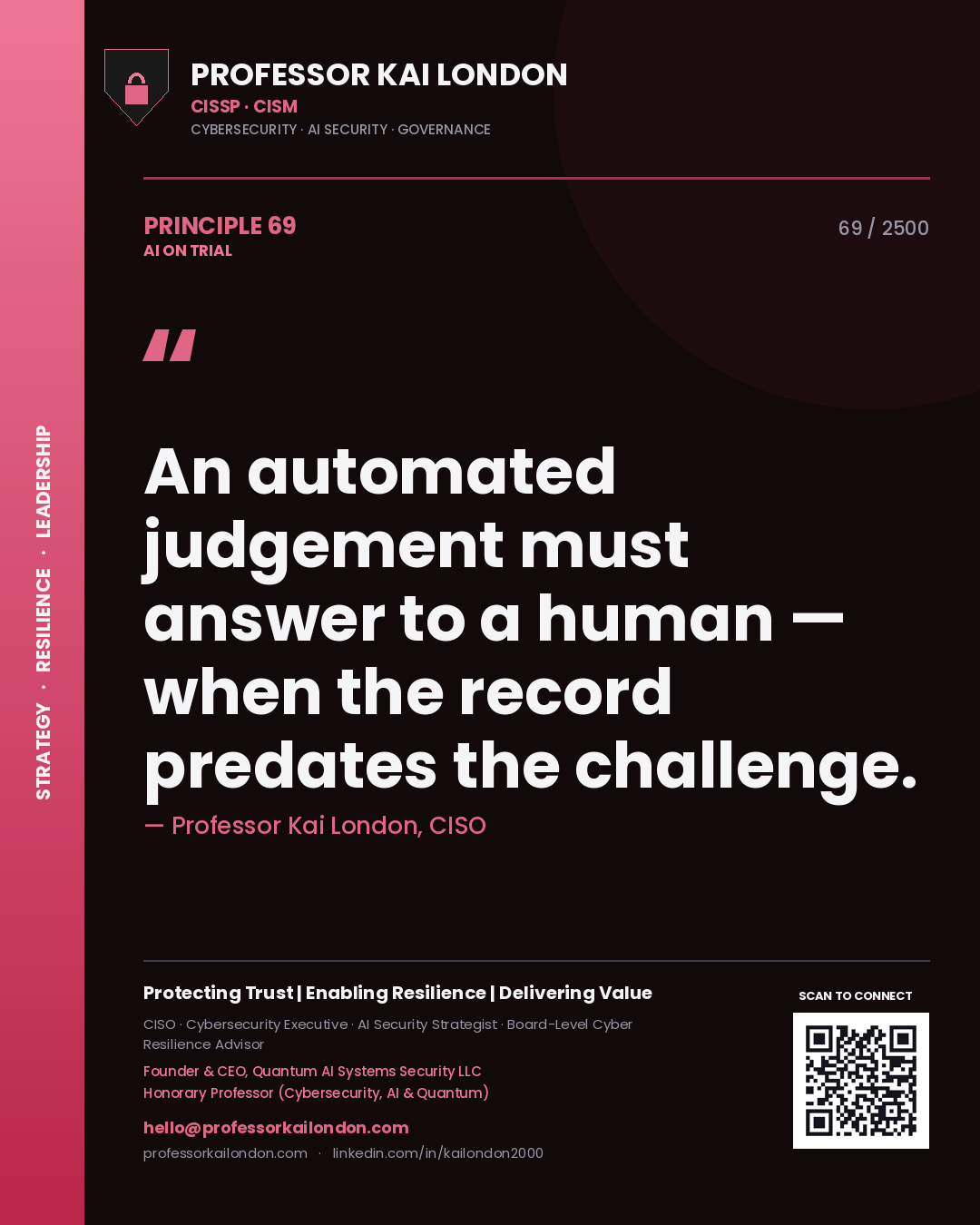 Professor Kai London principle 69: An automated judgement must answer to a human — when the record predates the challenge.