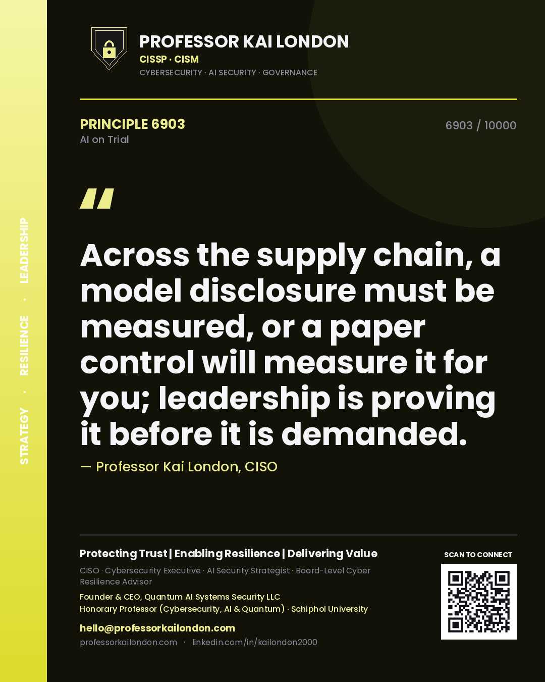 Quote card by Professor Kai London reading 'Across the supply chain, a model disclosure must be measured, or a paper control will measure it for you; leadership is proving it before it is demanded.'. From the book AI on Trial.