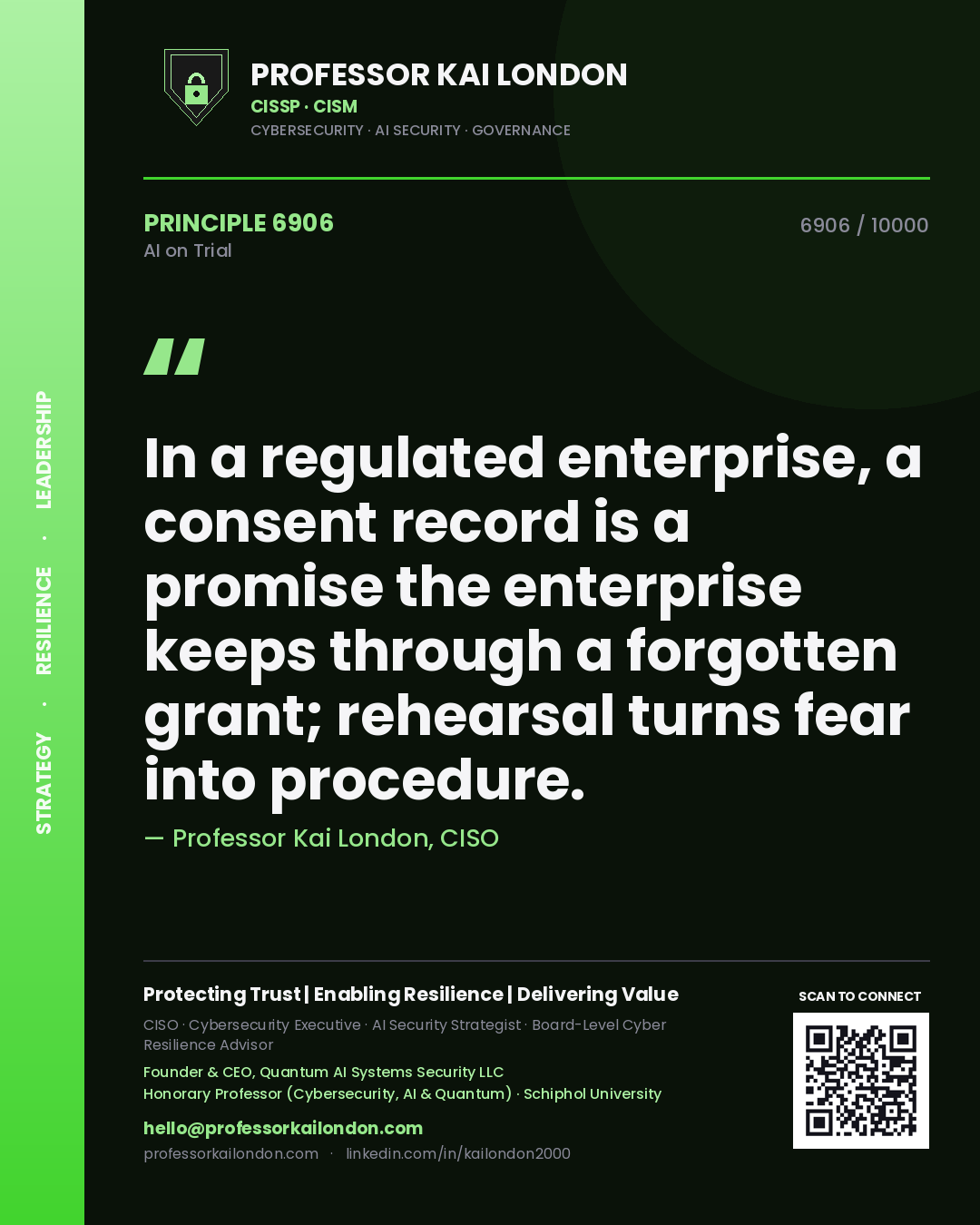Quote card by Professor Kai London reading 'In a regulated enterprise, a consent record is a promise the enterprise keeps through a forgotten grant; rehearsal turns fear into procedure.'. From the book AI on Trial.