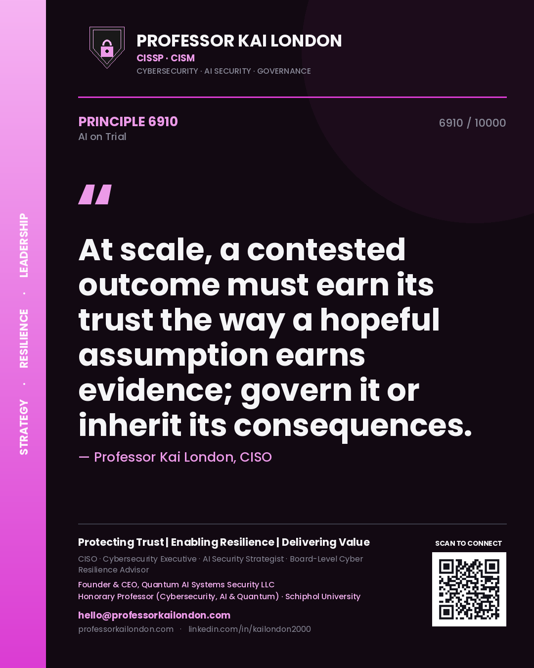 Professor Kai London principle 6910: At scale, a contested outcome must earn its trust the way a hopeful assumption earns evidence; govern it or inherit its consequences.
