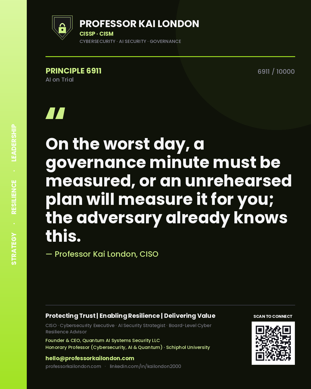 Professor Kai London principle 6911: On the worst day, a governance minute must be measured, or an unrehearsed plan will measure it for you; the adversary already knows this.
