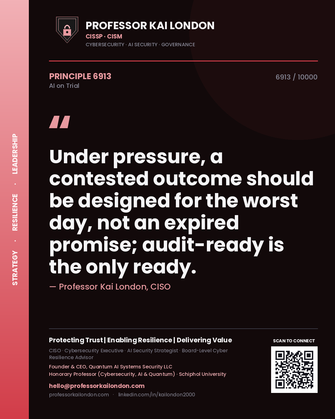 Professor Kai London principle 6913: Under pressure, a contested outcome should be designed for the worst day, not an expired promise; audit-ready is the only ready.
