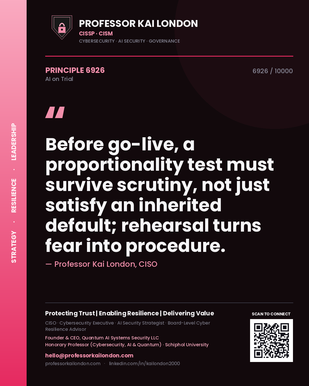 Professor Kai London principle 6926: Before go-live, a proportionality test must survive scrutiny, not just satisfy an inherited default; rehearsal turns fear into procedure.
