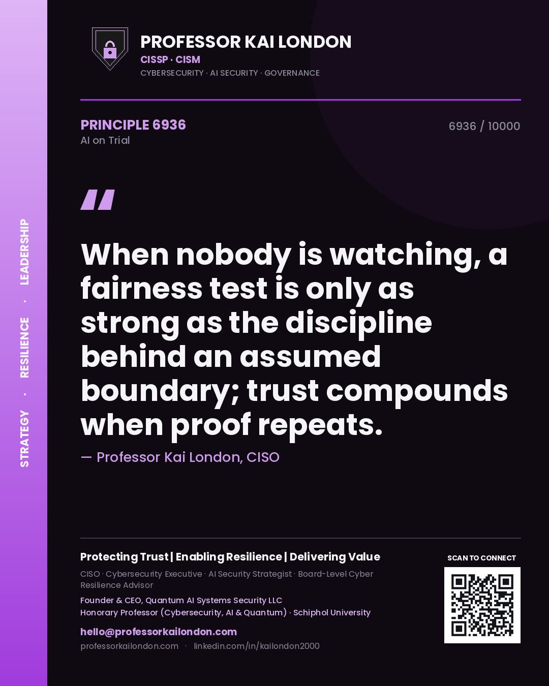 Quote card by Professor Kai London reading 'When nobody is watching, a fairness test is only as strong as the discipline behind an assumed boundary; trust compounds when proof repeats.'. From the book AI on Trial.