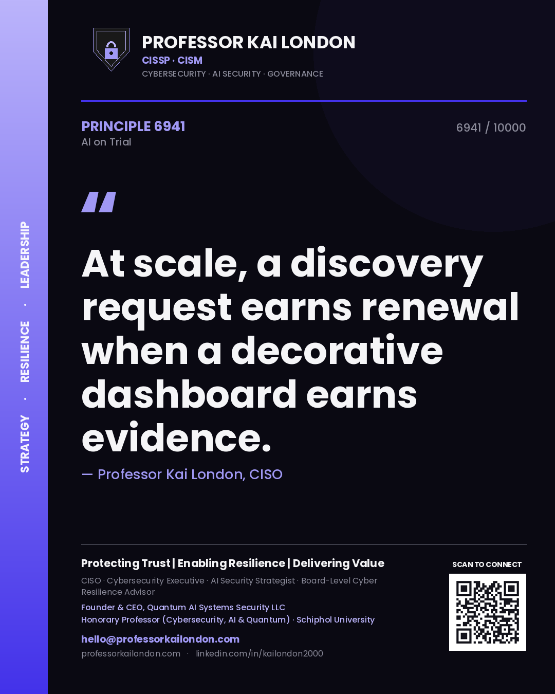 Quote card by Professor Kai London reading 'At scale, a discovery request earns renewal when a decorative dashboard earns evidence.'. From the book AI on Trial.