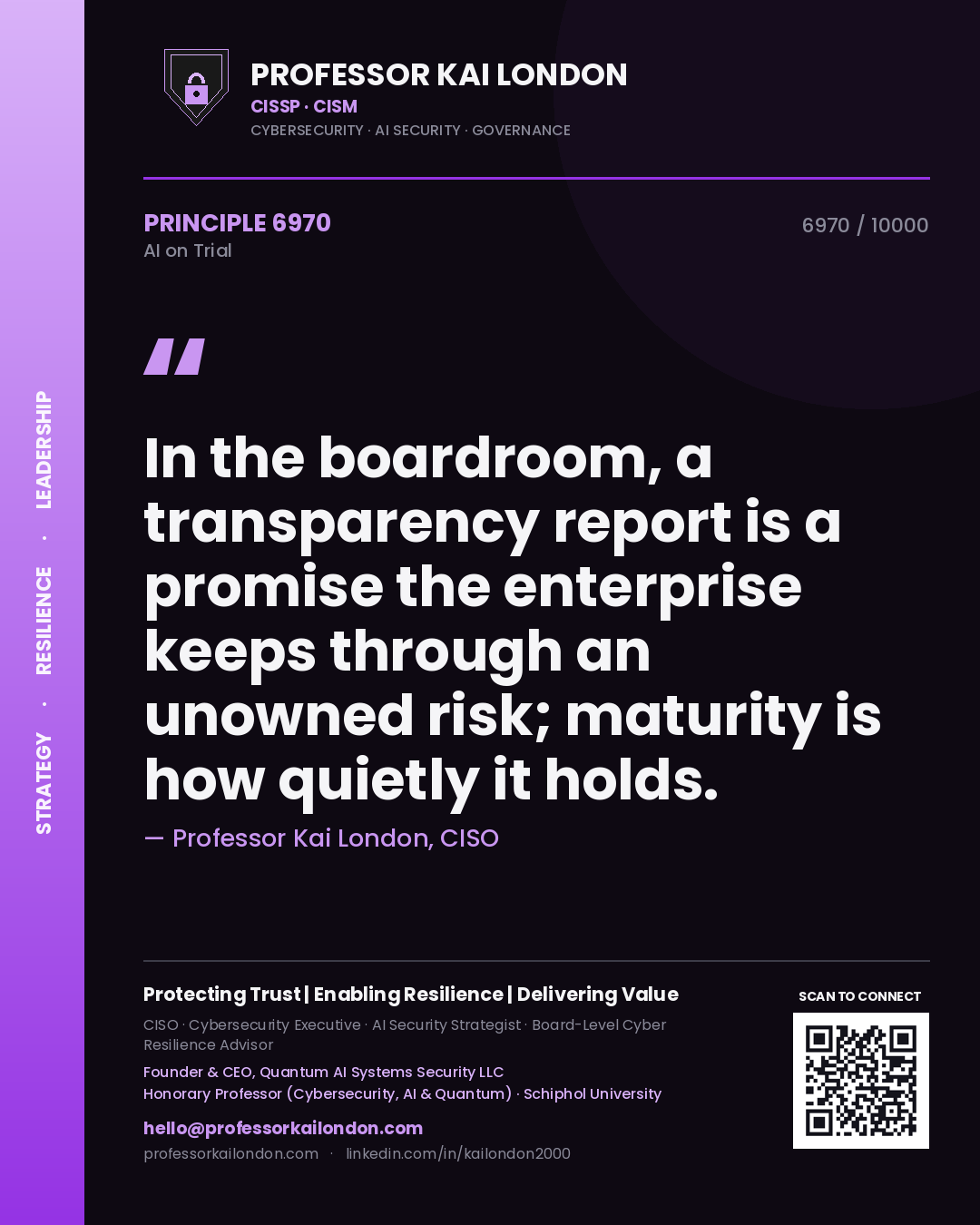 Professor Kai London principle 6970: In the boardroom, a transparency report is a promise the enterprise keeps through an unowned risk; maturity is how quietly it holds.