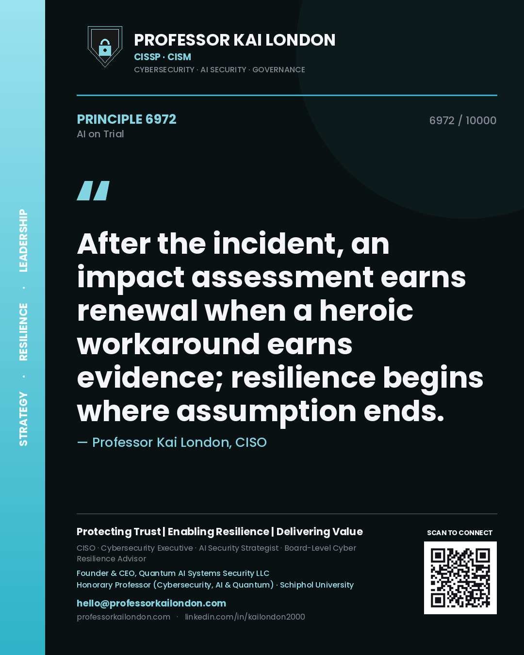 Quote card by Professor Kai London reading 'After the incident, an impact assessment earns renewal when a heroic workaround earns evidence; resilience begins where assumption ends.'. From the book AI on Trial.