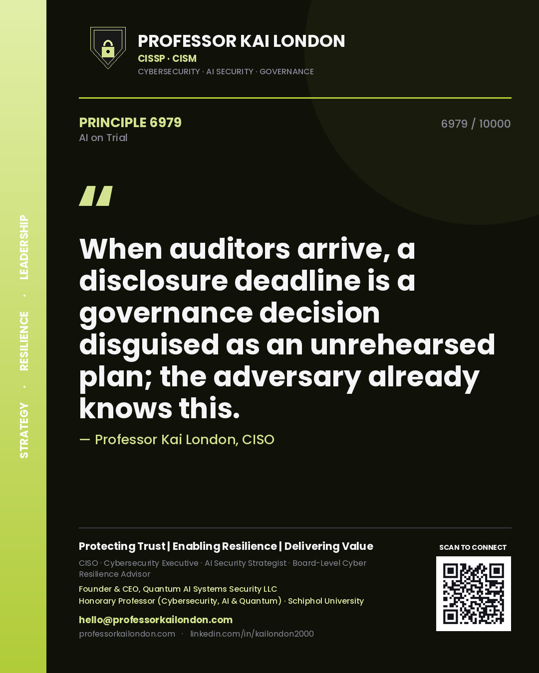 Quote card by Professor Kai London reading 'When auditors arrive, a disclosure deadline is a governance decision disguised as an unrehearsed plan; the adversary already knows this.'. From the book AI on Trial.