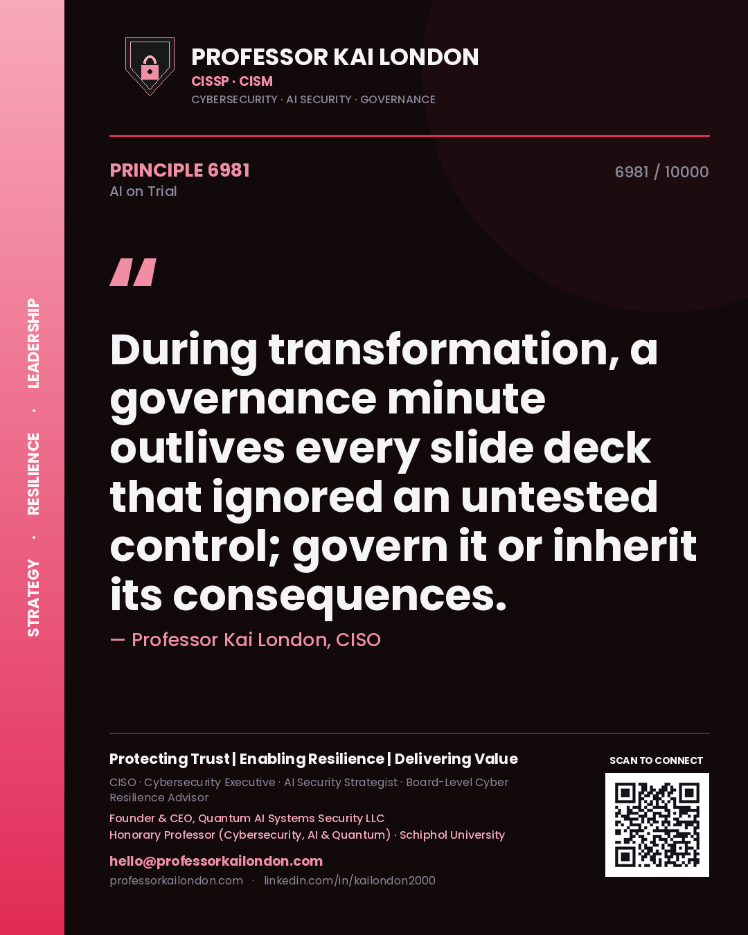 Quote card by Professor Kai London reading 'During transformation, a governance minute outlives every slide deck that ignored an untested control; govern it or inherit its consequences.'. From the book AI on Trial.