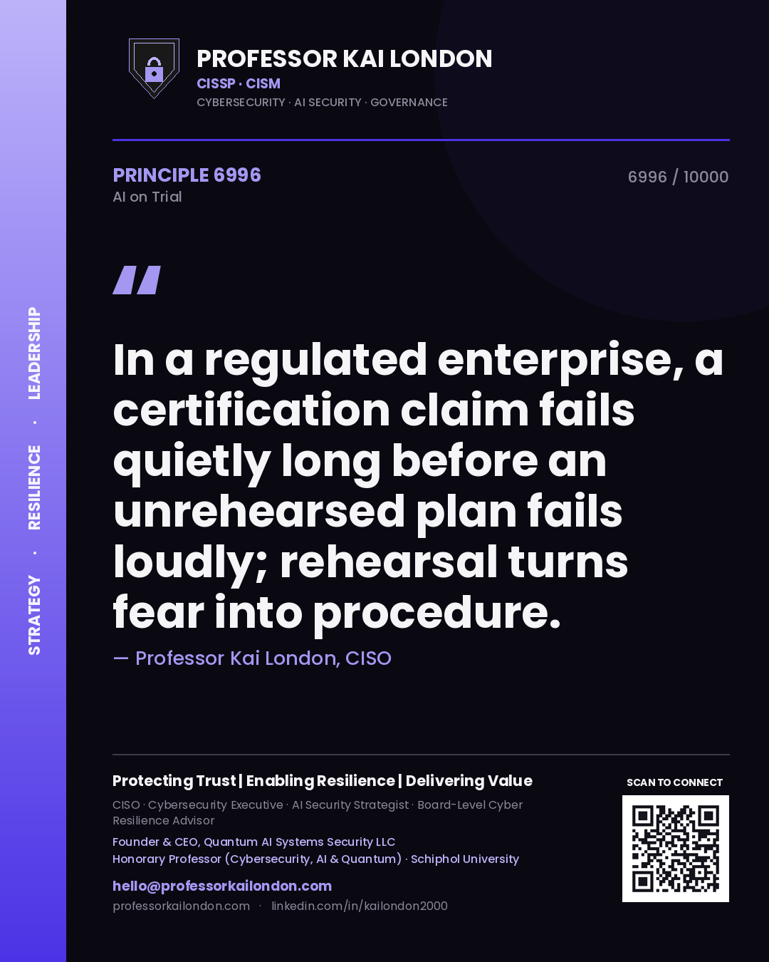 Quote card by Professor Kai London reading 'In a regulated enterprise, a certification claim fails quietly long before an unrehearsed plan fails loudly; rehearsal turns fear into procedure.'. From the book AI on Trial.